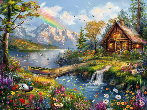 Diamond Painting - Houten Huis met de Regenboog