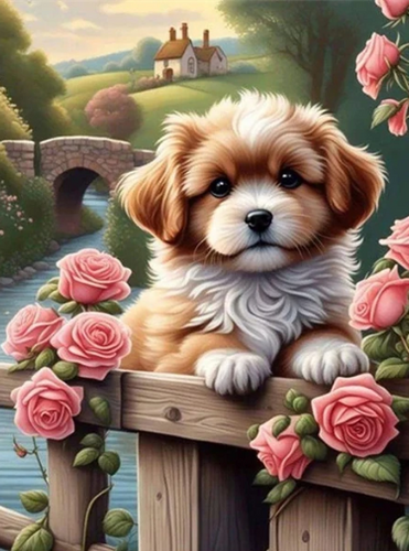 Diamond Painting - Puppy tussen de Rozen