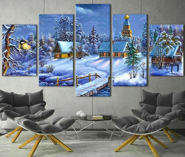 Diamond Painting - Sneeuwlandschap met Kerk - 5 Luik