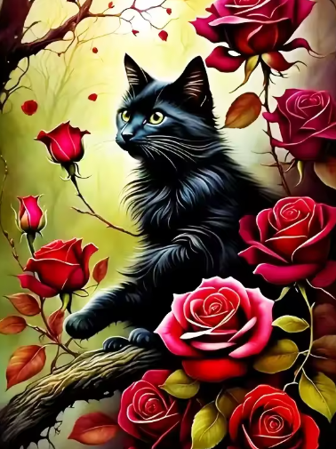 Diamond Painting - Zwarte Kat tussen de Rozen