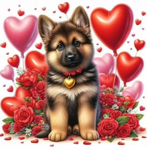 Diamond Painting - Puppy met Rozen 