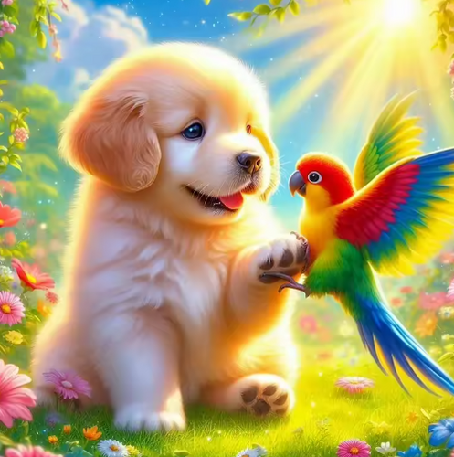 Diamond Painting - Puppy met Papegaai