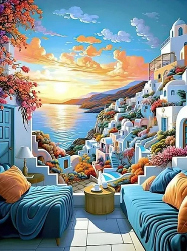 Diamond Painting - Santorini met Zonsondergang