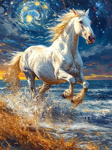 Diamond Painting - Witte Paard met Sterrenhemel