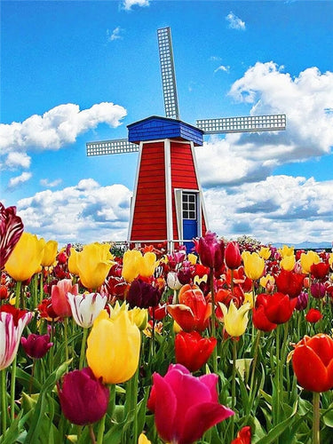 Diamond Painting - Rode Molen met Tulpen