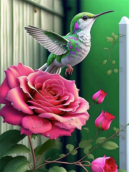 Diamond Painting - Groene Vogel met Roze Bloemen