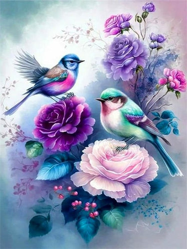 Diamond Painting - Vogels met Paarse Bloemen